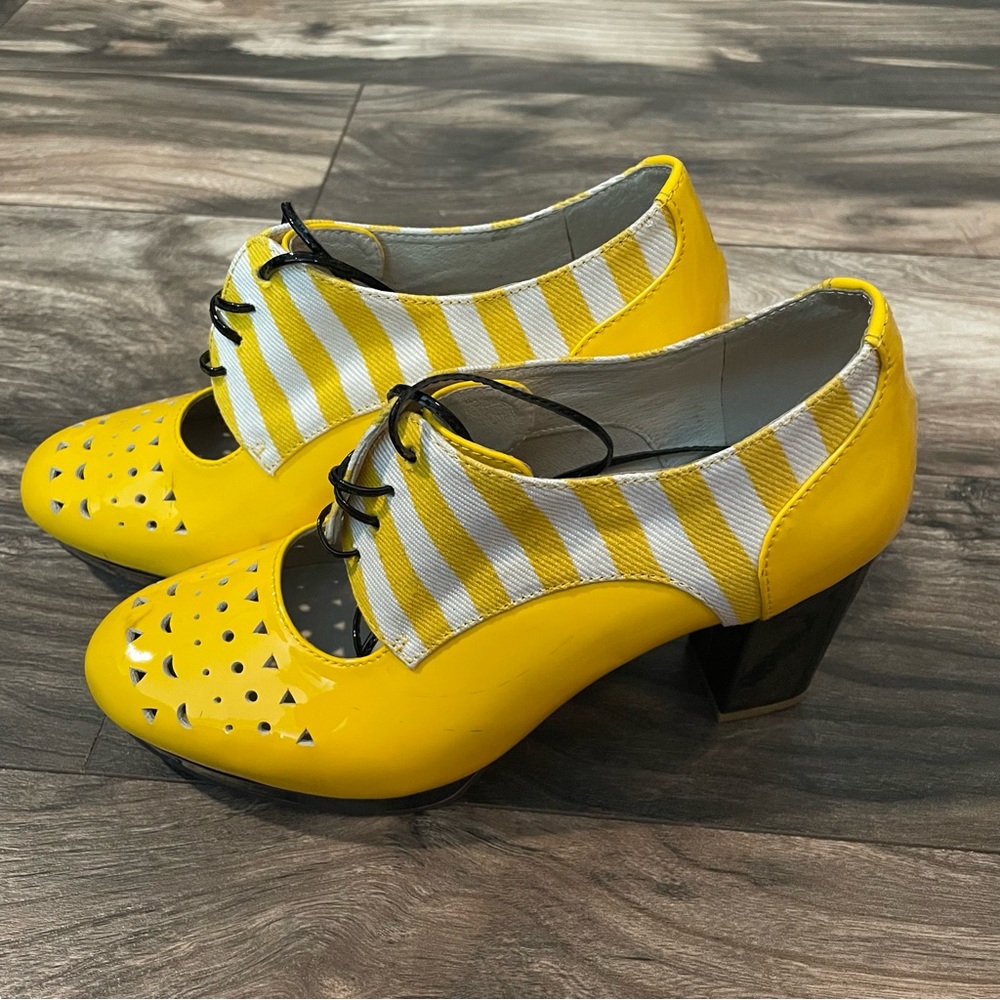 Shoes Of Prey Yellow Lace Up Heels Size 37.5
